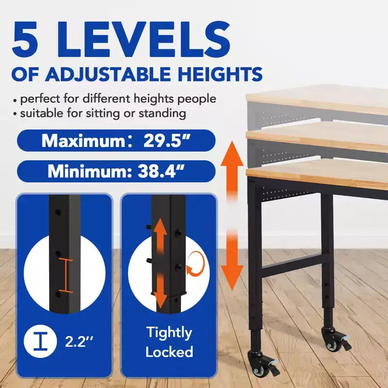 75 x 25 Adjustable Workbench, 2000 Lbs Heavy-Duty Work Table with Wheels & Power Outlet, Garage Workshop Multi-Purpose Table