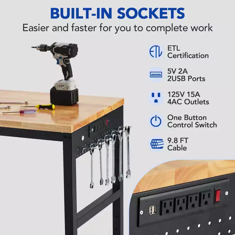 75 x 25 Adjustable Workbench, 2000 Lbs Heavy-Duty Work Table with Wheels & Power Outlet, Garage Workshop Multi-Purpose Table