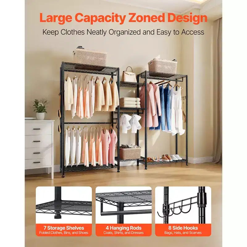 Clothing Garment Rack,Heavy Duty Closet Wardrobe,7 Adjustable Tiers Clothes Racks with Steel Frame,850lbs Load Capacity with 4Hanging Rods,Black