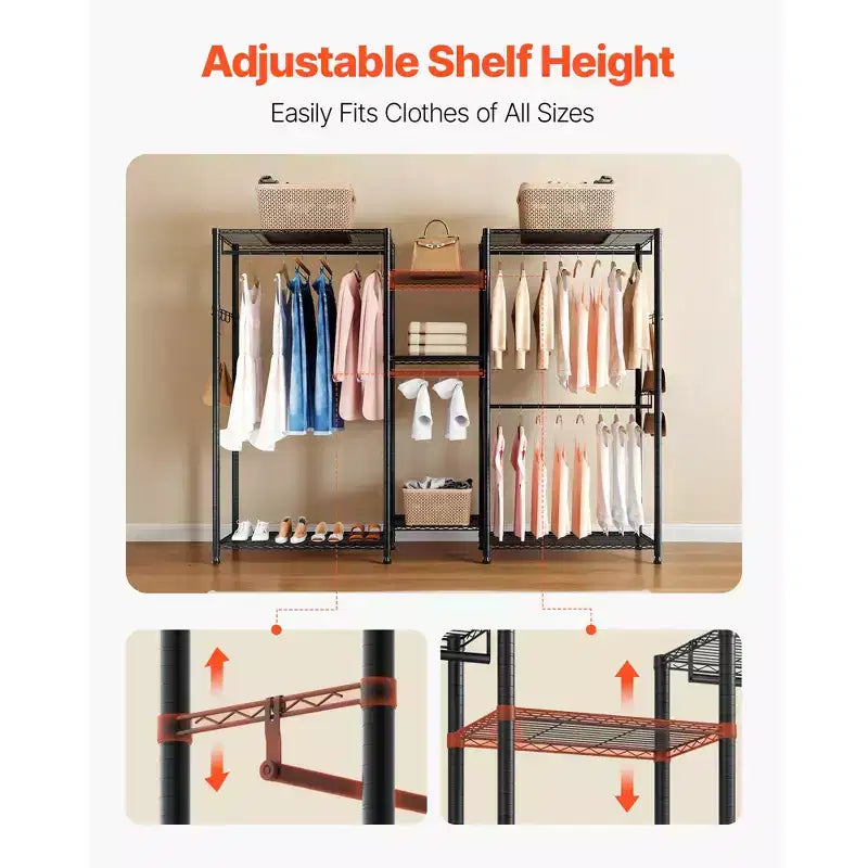 Clothing Garment Rack,Heavy Duty Closet Wardrobe,7 Adjustable Tiers Clothes Racks with Steel Frame,850lbs Load Capacity with 4Hanging Rods,Black