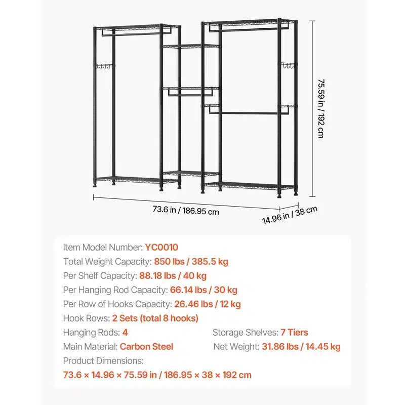 Clothing Garment Rack,Heavy Duty Closet Wardrobe,7 Adjustable Tiers Clothes Racks with Steel Frame,850lbs Load Capacity with 4Hanging Rods,Black