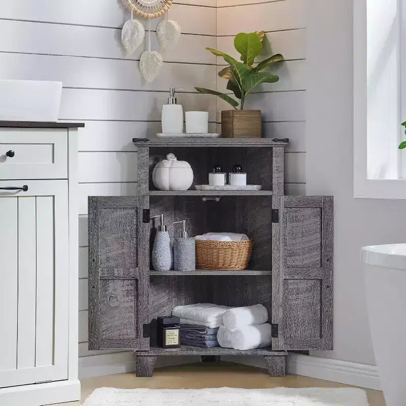 Corner Bathroom Cabinet, Farmhouse Small Corner Cabinet with Barn Door