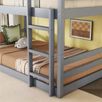 Triple Rubber Wood Bunk Bed with Two Built-in Ladders, Guardrails, Twin over Twin over Twin, Detachable Triple Twin Bunk Bed,Grey