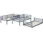 Triple Rubber Wood Bunk Bed with Two Built-in Ladders, Guardrails, Twin over Twin over Twin, Detachable Triple Twin Bunk Bed,Grey