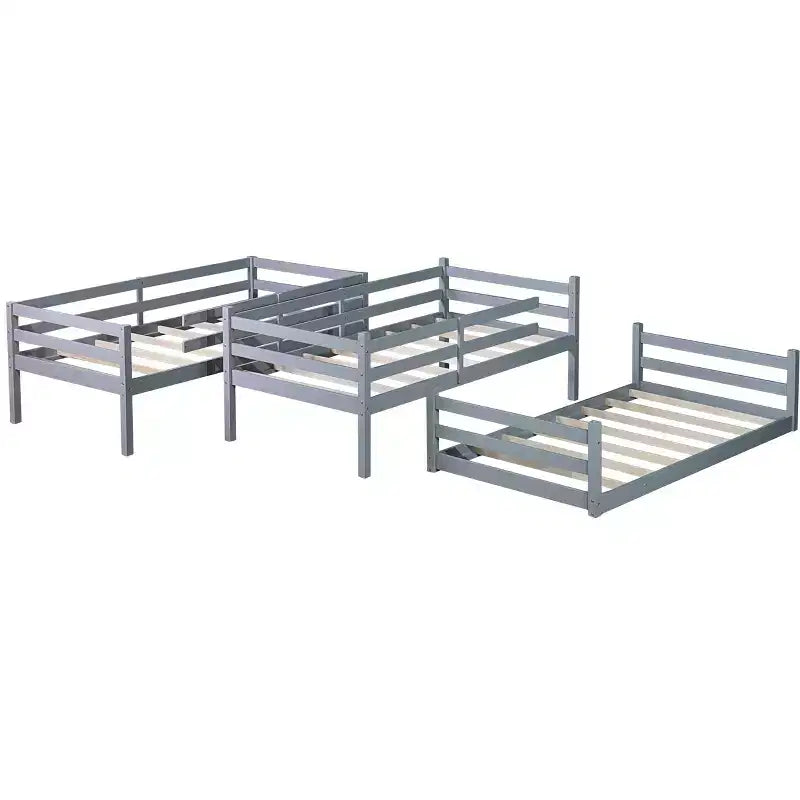 Triple Rubber Wood Bunk Bed with Two Built-in Ladders, Guardrails, Twin over Twin over Twin, Detachable Triple Twin Bunk Bed,Grey