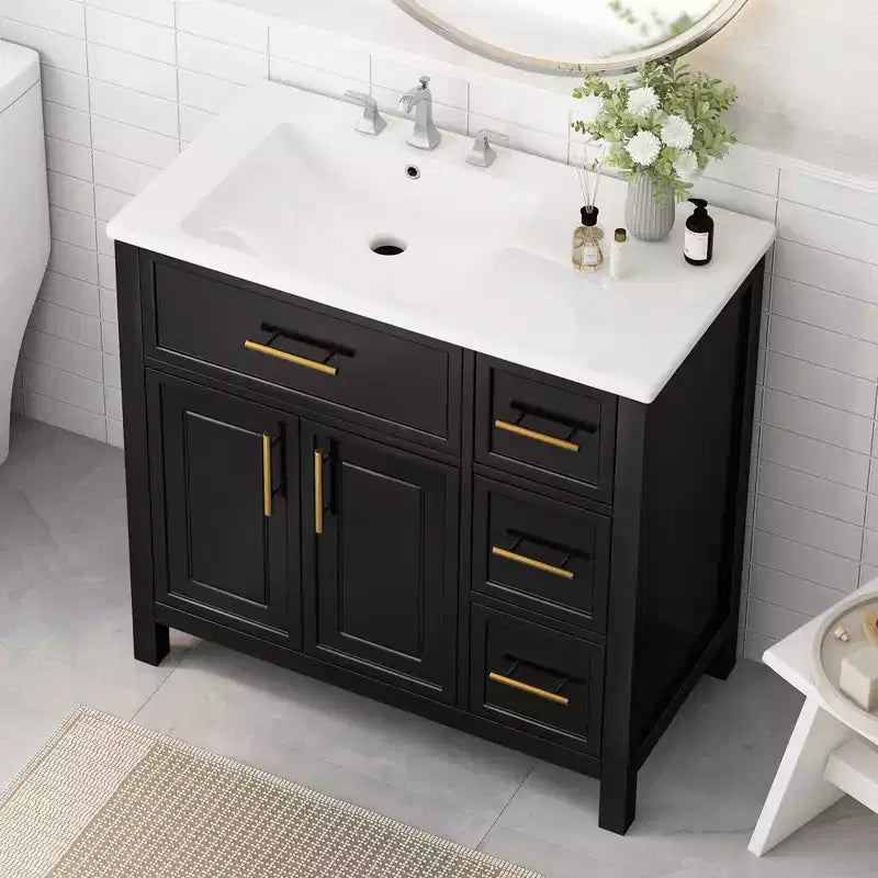 36 Bathroom Vanity with Sink, Black Bathroom Vanity with Drawers, Black Bathroom Cabinet with Gold Handles