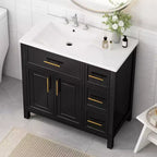36 Bathroom Vanity with Sink, Black Bathroom Vanity with Drawers, Black Bathroom Cabinet with Gold Handles