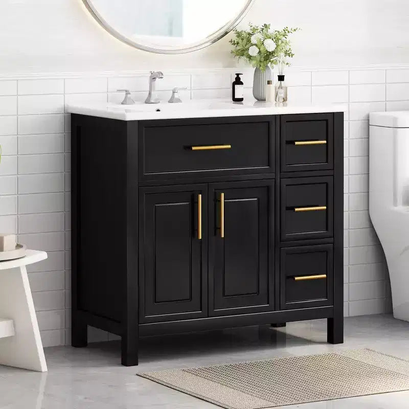 36 Bathroom Vanity with Sink, Black Bathroom Vanity with Drawers, Black Bathroom Cabinet with Gold Handles