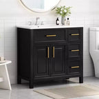36 Bathroom Vanity with Sink, Black Bathroom Vanity with Drawers, Black Bathroom Cabinet with Gold Handles