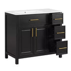 36 Bathroom Vanity with Sink, Black Bathroom Vanity with Drawers, Black Bathroom Cabinet with Gold Handles