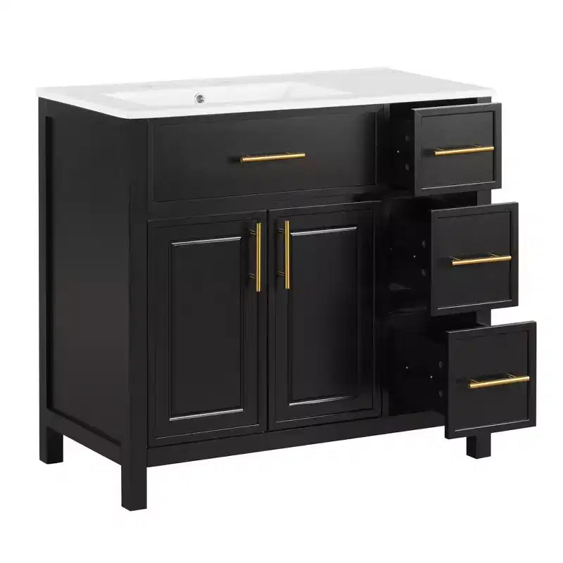 36 Bathroom Vanity with Sink, Black Bathroom Vanity with Drawers, Black Bathroom Cabinet with Gold Handles