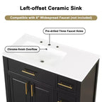 36 Bathroom Vanity with Sink, Black Bathroom Vanity with Drawers, Black Bathroom Cabinet with Gold Handles
