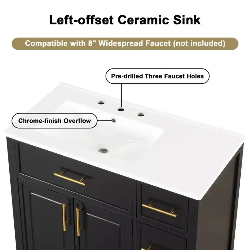 36 Bathroom Vanity with Sink, Black Bathroom Vanity with Drawers, Black Bathroom Cabinet with Gold Handles