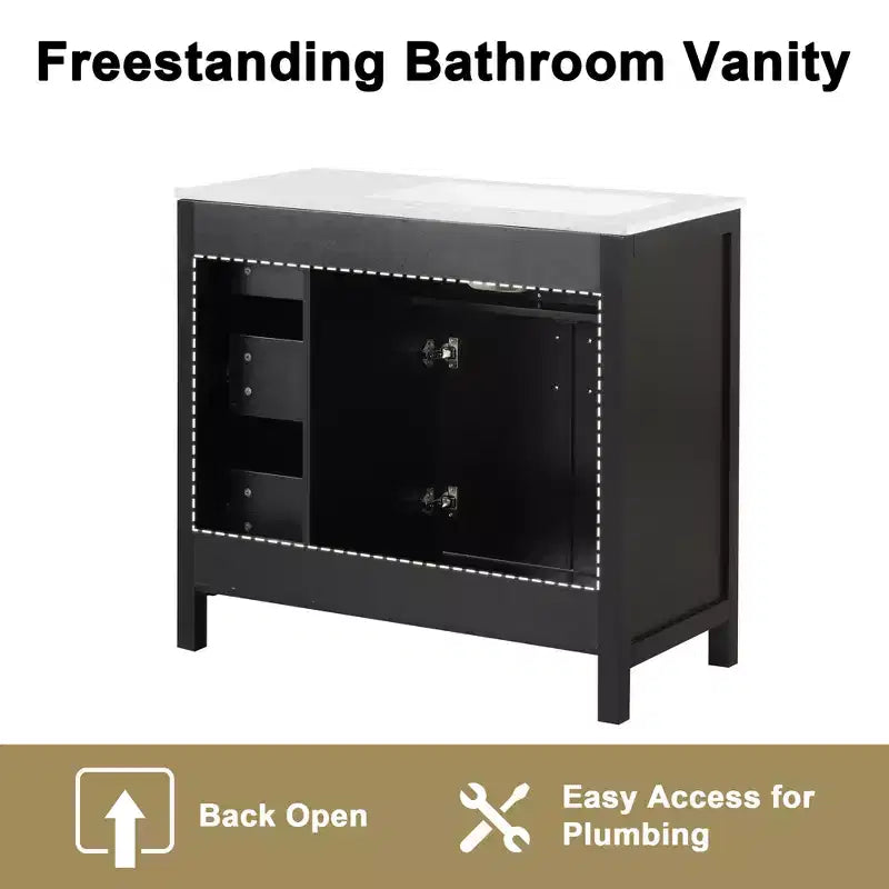 36 Bathroom Vanity with Sink, Black Bathroom Vanity with Drawers, Black Bathroom Cabinet with Gold Handles
