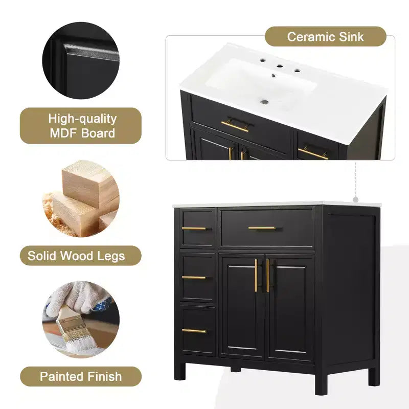 36 Bathroom Vanity with Sink, Black Bathroom Vanity with Drawers, Black Bathroom Cabinet with Gold Handles