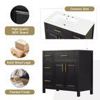 36 Bathroom Vanity with Sink, Black Bathroom Vanity with Drawers, Black Bathroom Cabinet with Gold Handles