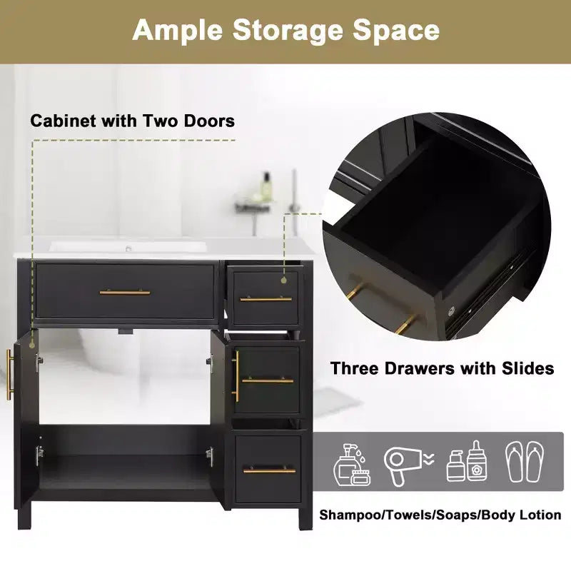 36 Bathroom Vanity with Sink, Black Bathroom Vanity with Drawers, Black Bathroom Cabinet with Gold Handles