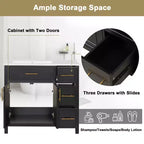 36 Bathroom Vanity with Sink, Black Bathroom Vanity with Drawers, Black Bathroom Cabinet with Gold Handles