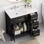 36 Bathroom Vanity with Sink, Black Bathroom Vanity with Drawers, Black Bathroom Cabinet with Gold Handles
