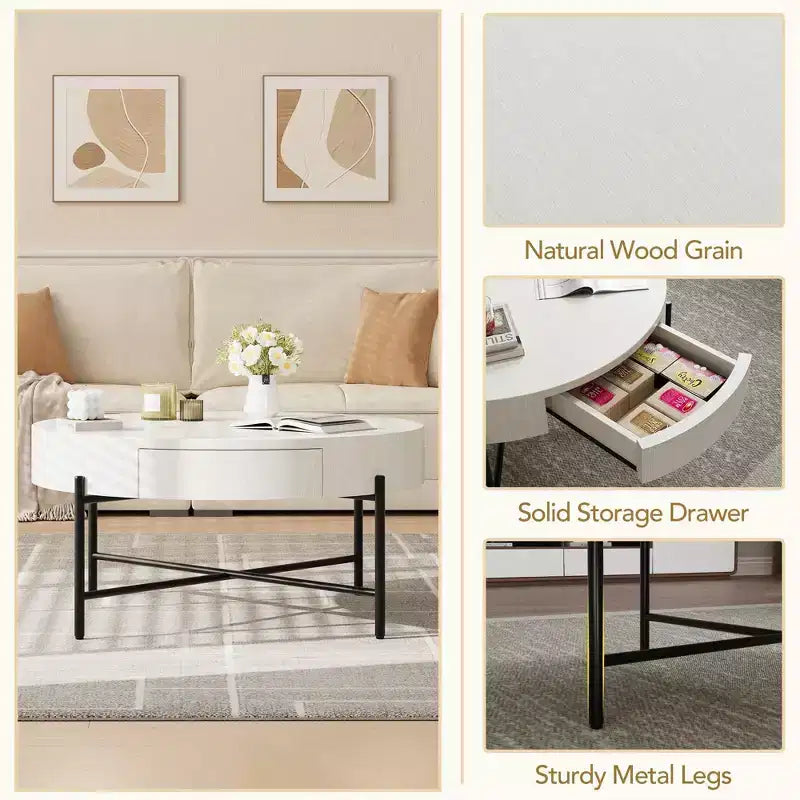 Coffee Table Vintage Round with Drawer, 31.9 Inch Wooden Storage Center Table with Retro Farmhouse Design for Living Room
