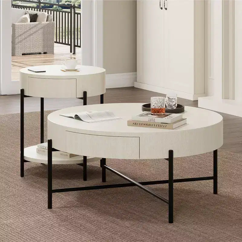 Coffee Table Vintage Round with Drawer, 31.9 Inch Wooden Storage Center Table with Retro Farmhouse Design for Living Room