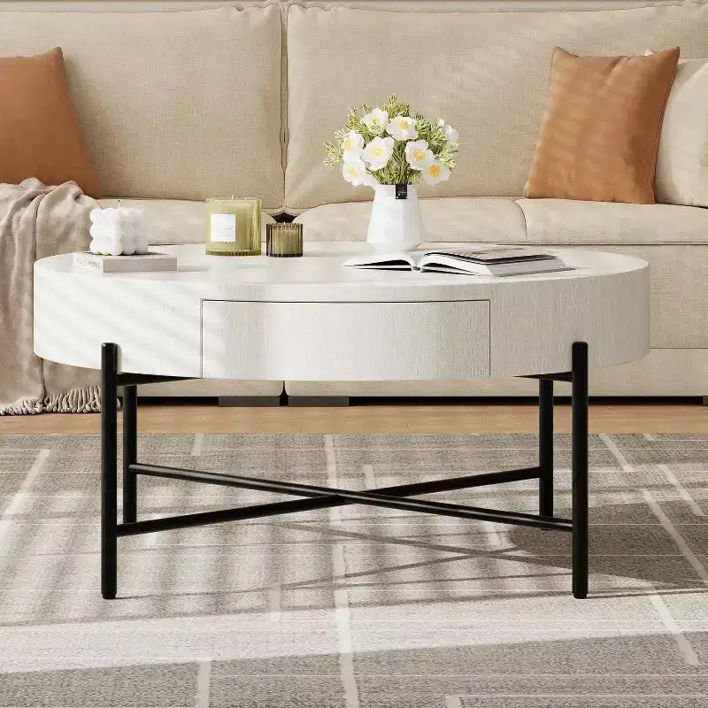 Coffee Table Vintage Round with Drawer, 31.9 Inch Wooden Storage Center Table with Retro Farmhouse Design for Living Room