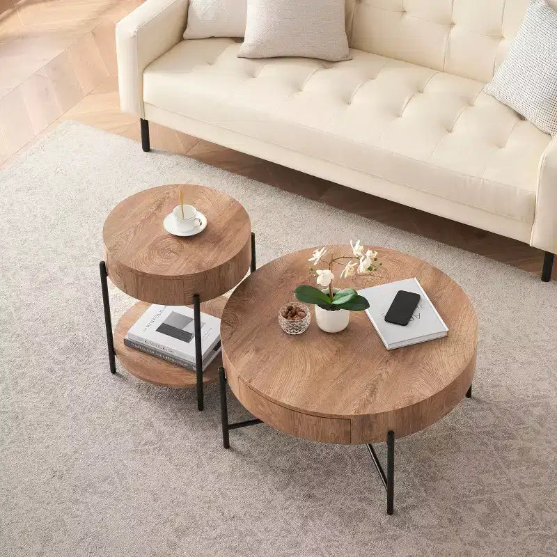 Coffee Table Vintage Round with Drawer, 31.9 Inch Wooden Storage Center Table with Retro Farmhouse Design for Living Room