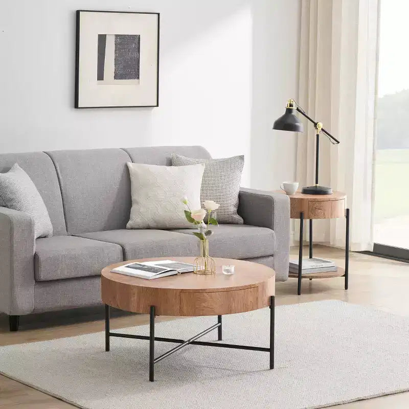 Coffee Table Vintage Round with Drawer, 31.9 Inch Wooden Storage Center Table with Retro Farmhouse Design for Living Room
