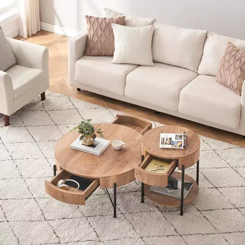 Coffee Table Vintage Round with Drawer, 31.9 Inch Wooden Storage Center Table with Retro Farmhouse Design for Living Room