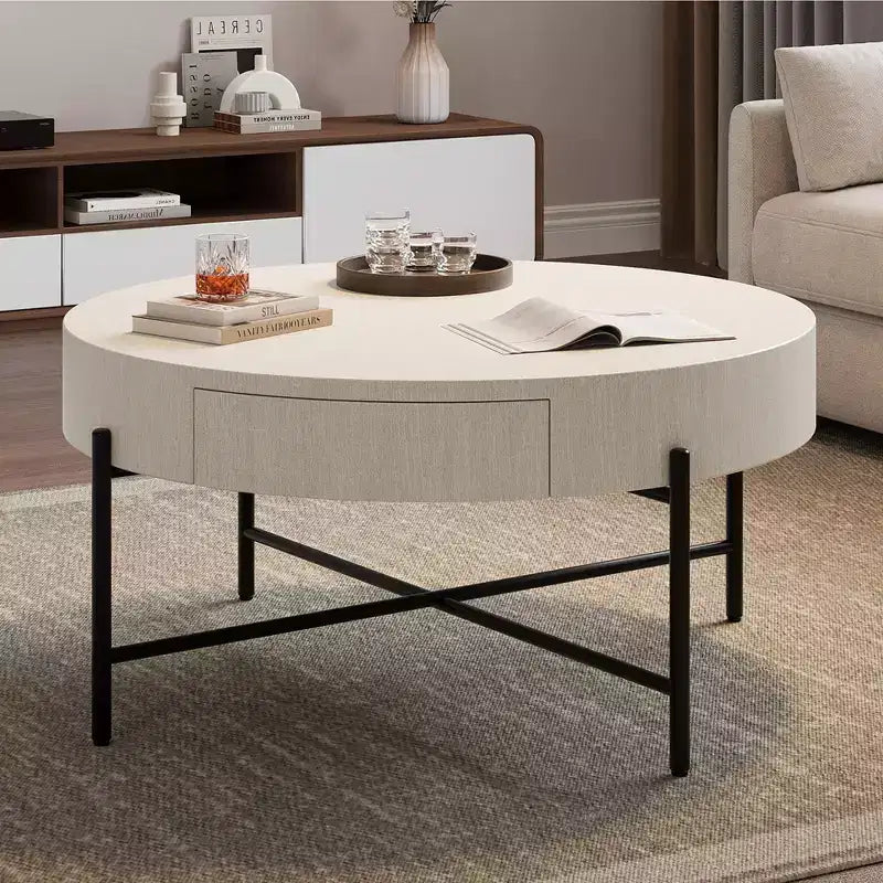 Coffee Table Vintage Round with Drawer, 31.9 Inch Wooden Storage Center Table with Retro Farmhouse Design for Living Room