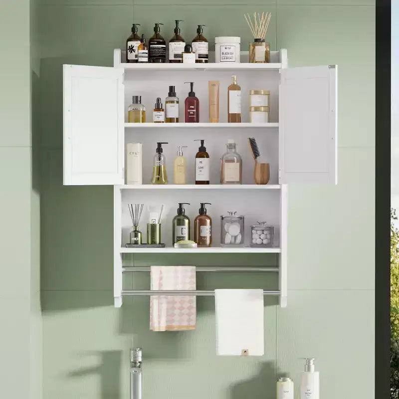 Bathroom Storage Cabinet, Wall Mount Storage Organizer with 2 Doors & 1 Open Shelf, White