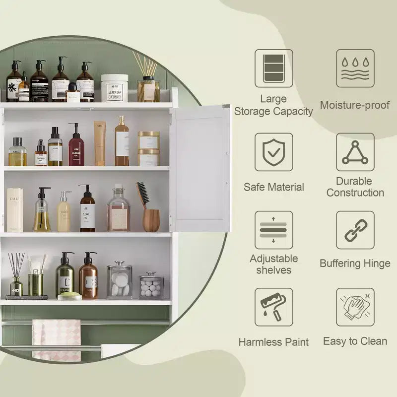 Bathroom Storage Cabinet, Wall Mount Storage Organizer with 2 Doors & 1 Open Shelf, White