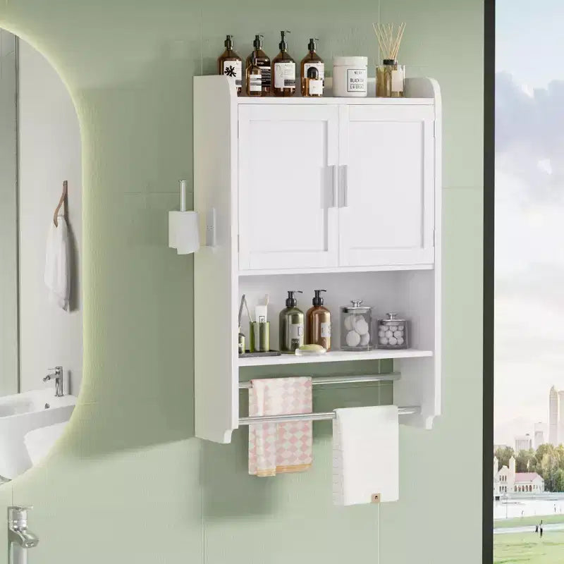 Bathroom Storage Cabinet, Wall Mount Storage Organizer with 2 Doors & 1 Open Shelf, White