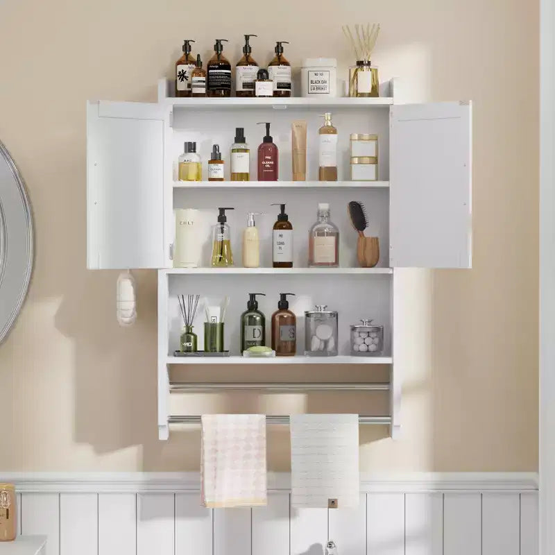 Bathroom Storage Cabinet, Wall Mount Storage Organizer with 2 Doors & 1 Open Shelf, White