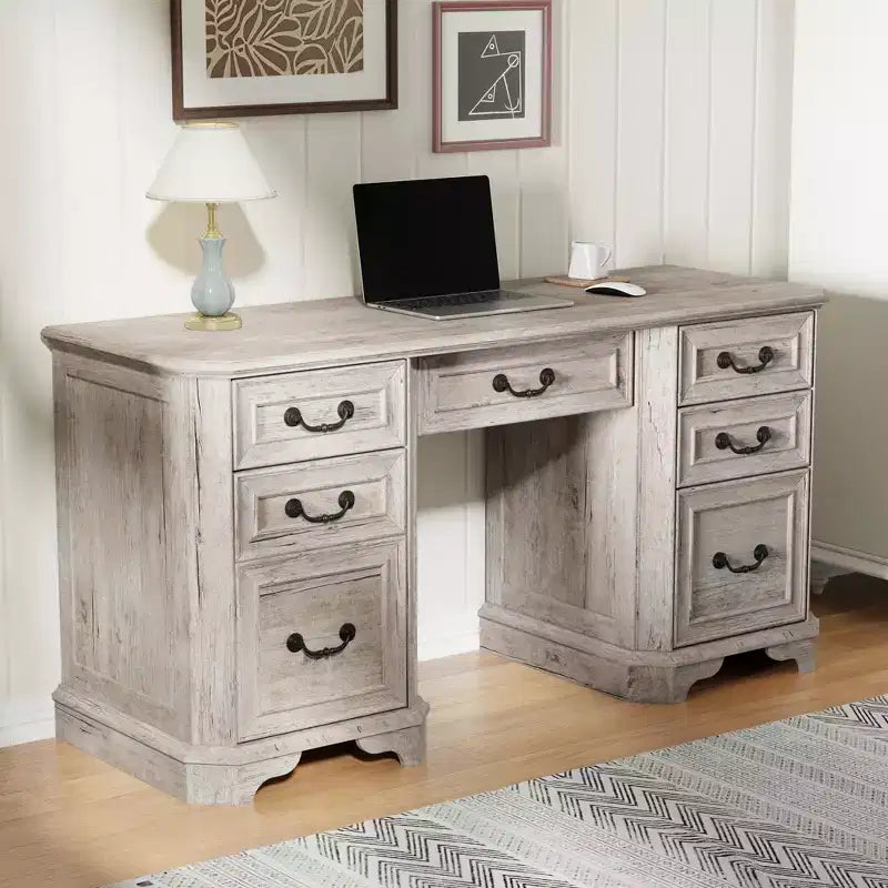 59 Executive Desk with Drawers, Office Desk with File Drawers, Computer Desk w/Charging Station & Keyboard Tray for Home Office