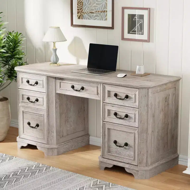 59 Executive Desk with Drawers, Office Desk with File Drawers, Computer Desk w/Charging Station & Keyboard Tray for Home Office