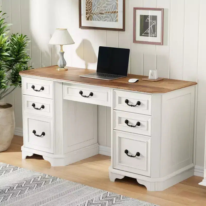 59 Executive Desk with Drawers, Office Desk with File Drawers, Computer Desk w/Charging Station & Keyboard Tray for Home Office