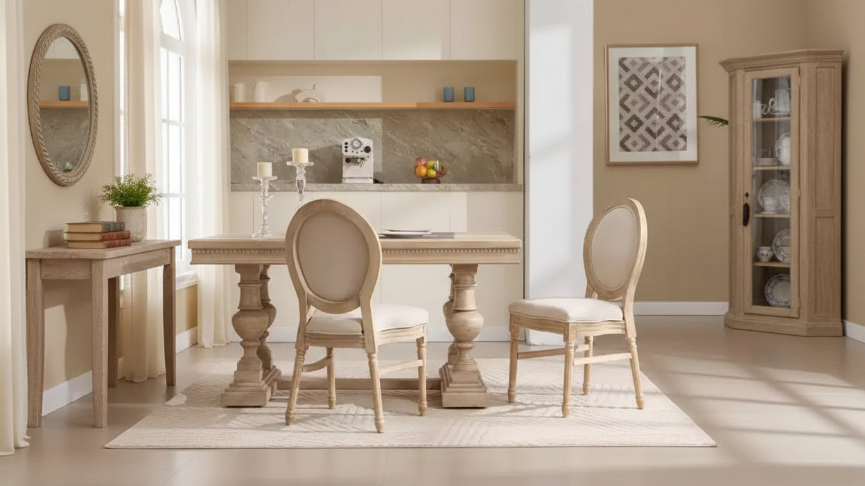 Ora Maison French Country Dining Chairs Set of 2, Upholstered Carved Round Back Chairs, Beige