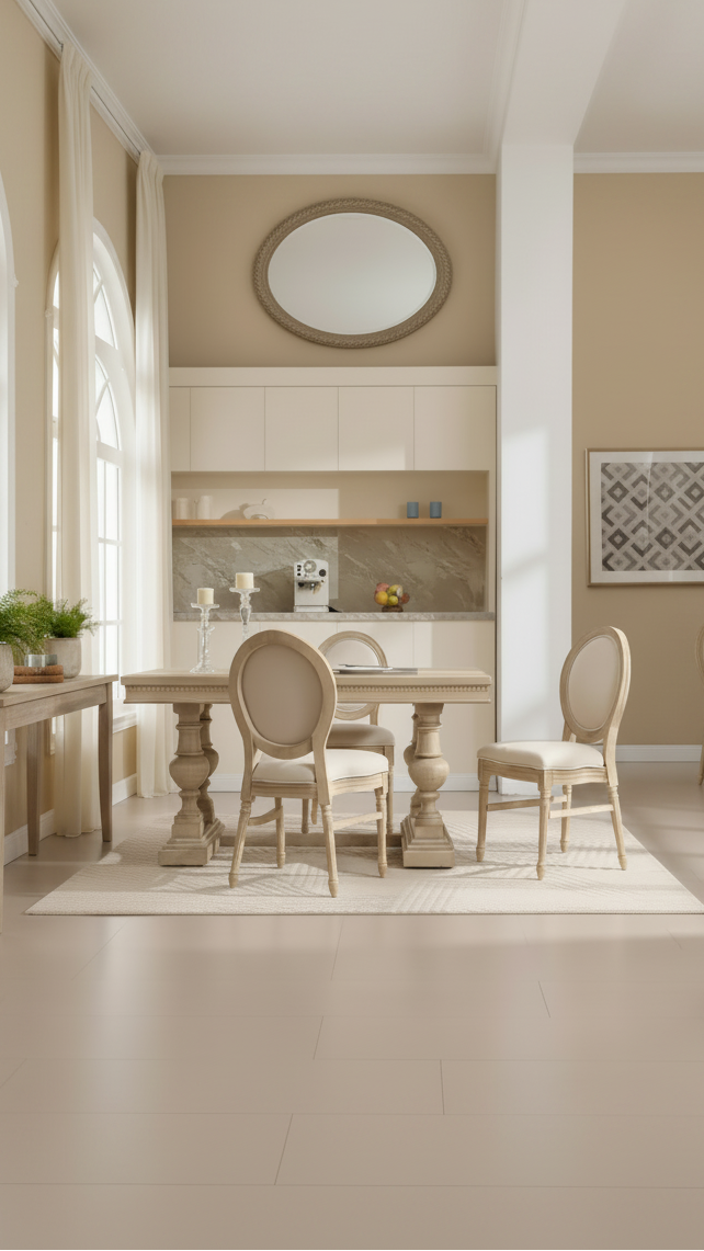 French Country Dining Chairs, Upholstered Carved Round Back Chairs, Beige