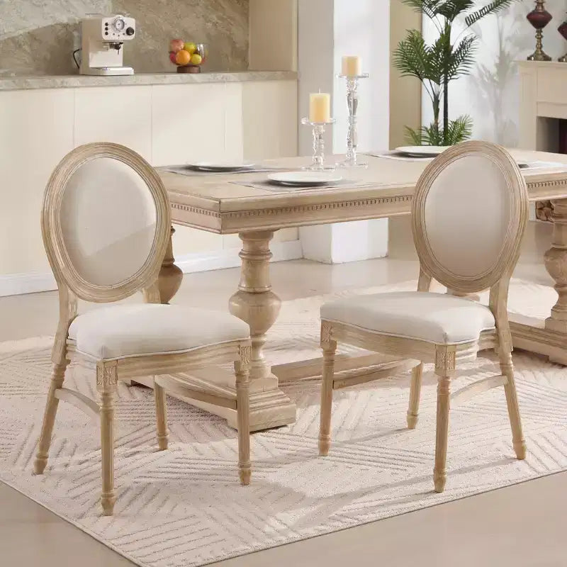 French Country Dining Chairs, Upholstered Carved Round Back Chairs, Beige