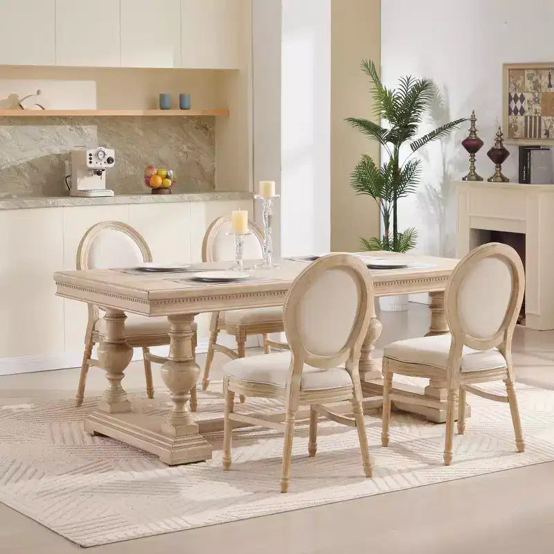 French Country Dining Chairs, Upholstered Carved Round Back Chairs, Beige