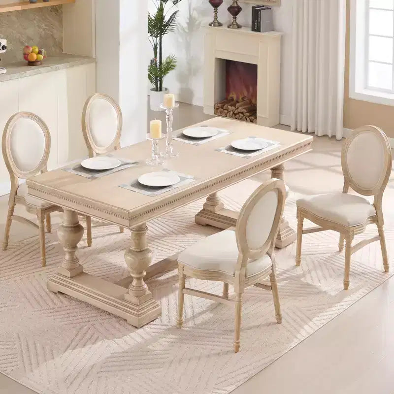 French Country Dining Chairs, Upholstered Carved Round Back Chairs, Beige