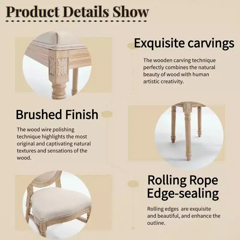 French Country Dining Chairs, Upholstered Carved Round Back Chairs, Beige