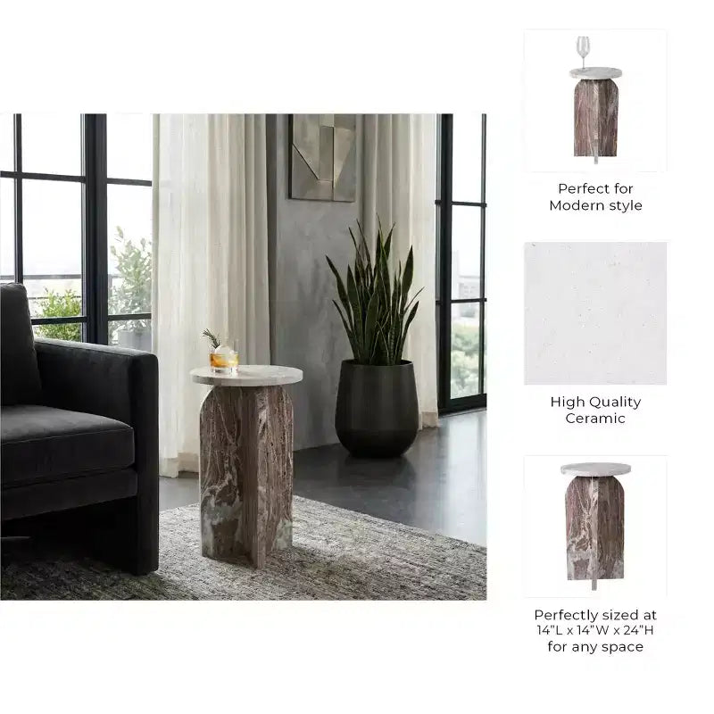 Home Decor End Table, Side Table, or Night Stand - Marble Bedside Table with Round Agate Top Ideal for Big or Small Spaces
