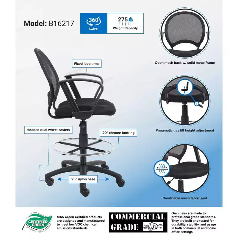 Mesh Drafting Stool with Loop Arms Black -: Swivel, Nylon Legs, Metal Frame, 275lb Capacity