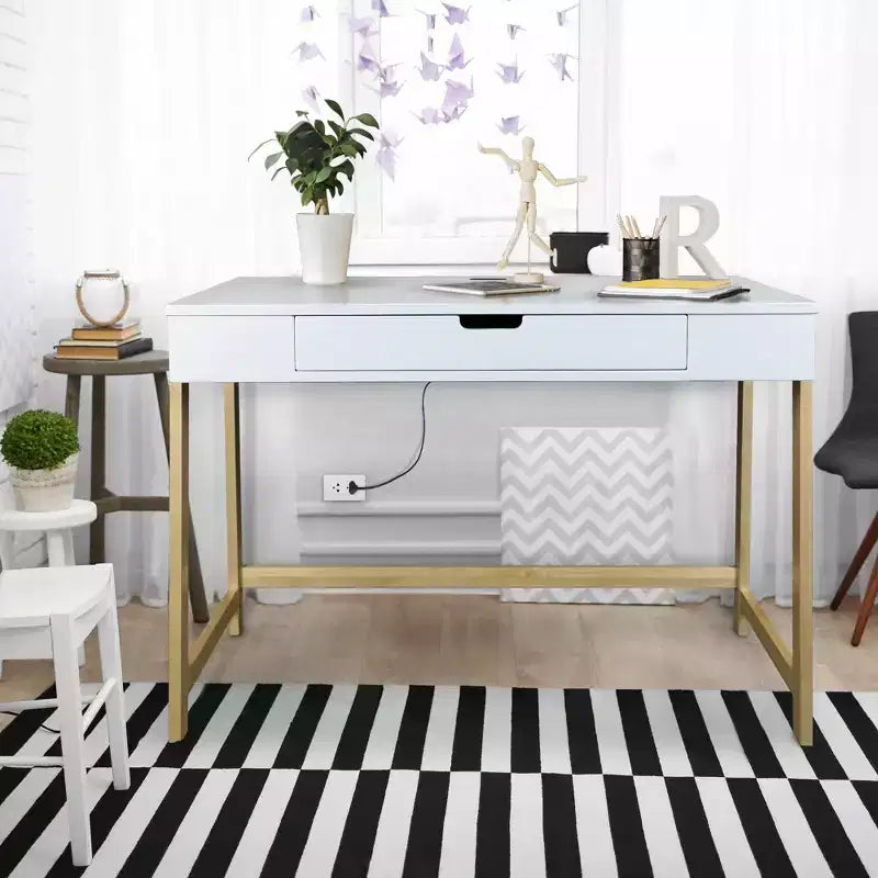 Smart Desk with USB Ports White/Natural -: Hardwood Construction, Easy Assembly