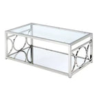 HOMES: Inside + Out Nora Coffee Table Chrome: Contemporary Silver Metal Frame, Clear Tempered Glass, Storage Shelf, 4-Point Base