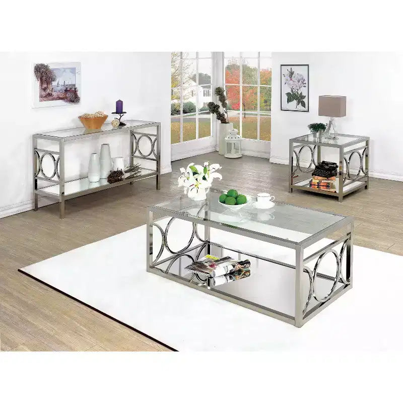 Coffee Table Chrome: Contemporary Silver Metal Frame, Clear Tempered Glass, Storage Shelf, 4-Point Base