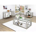 Coffee Table Chrome: Contemporary Silver Metal Frame, Clear Tempered Glass, Storage Shelf, 4-Point Base