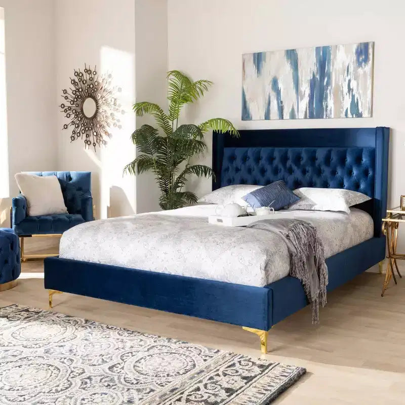 Velvet Platform Bed with Gold - Finished Legs